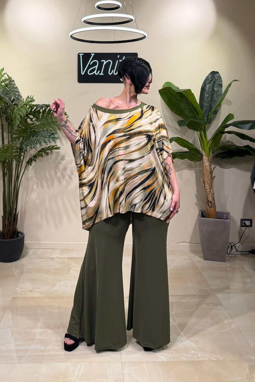 Blusa poncho jersey fantasia - Verde militare