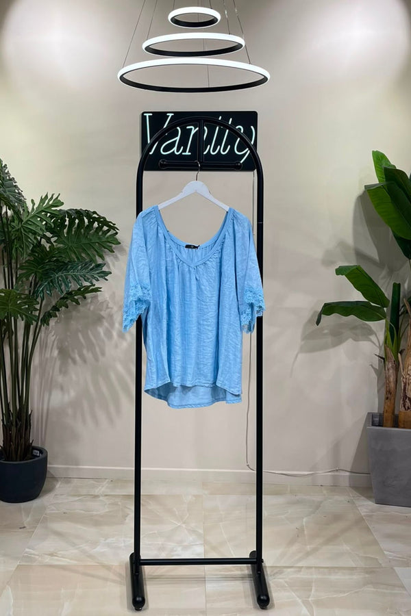 Blusa lino scollo V - Cielo