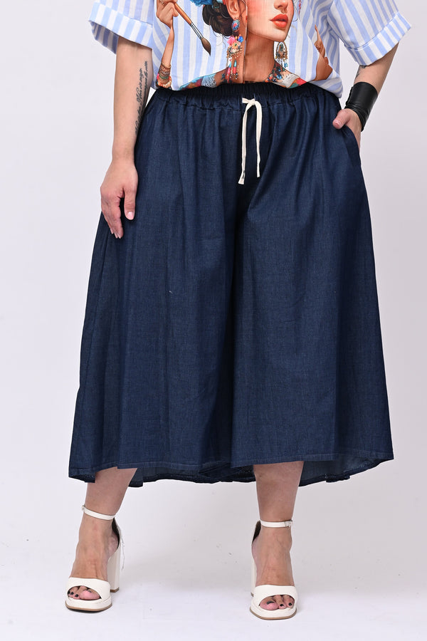 Gonna pantalone laccio jeans - Blu scuro