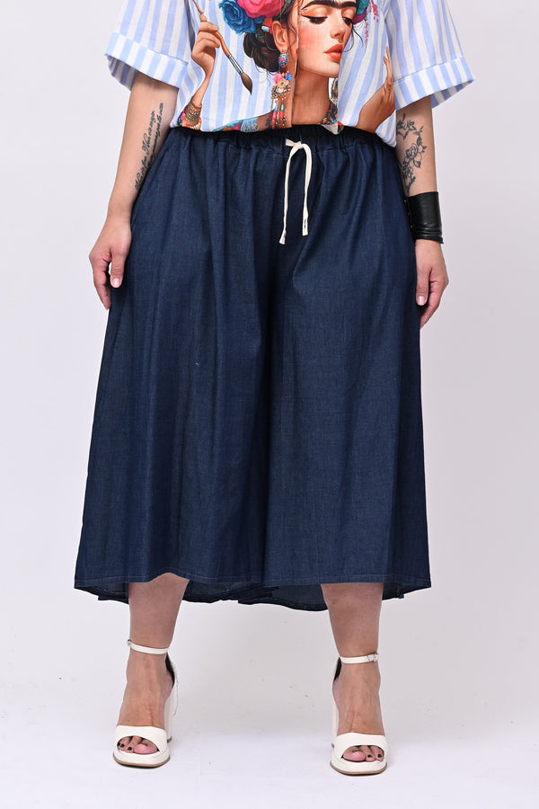 Gonna pantalone laccio jeans - Blu scuro
