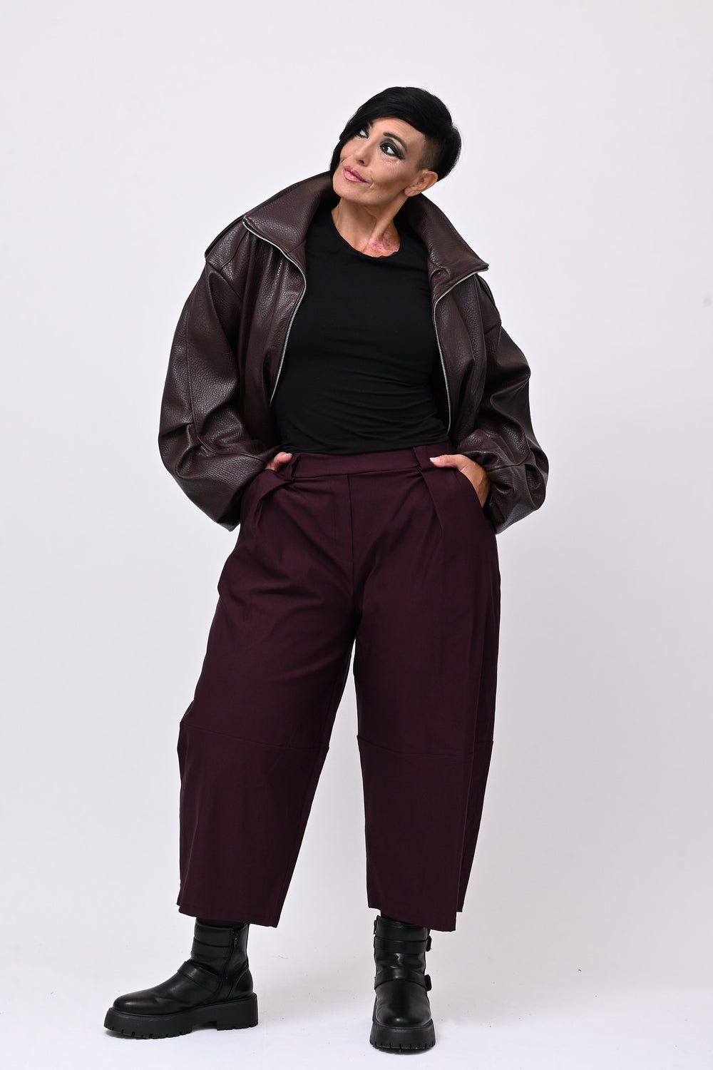 Pantalone bengalina pieghe - Melanzana