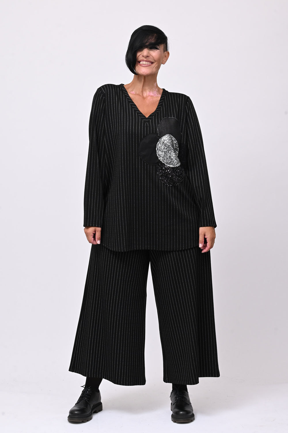 Blusa fiore gessato - Nero