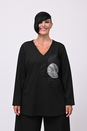 Blusa fiore gessato - Nero
