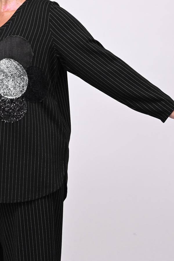 Blusa fiore gessato - Nero