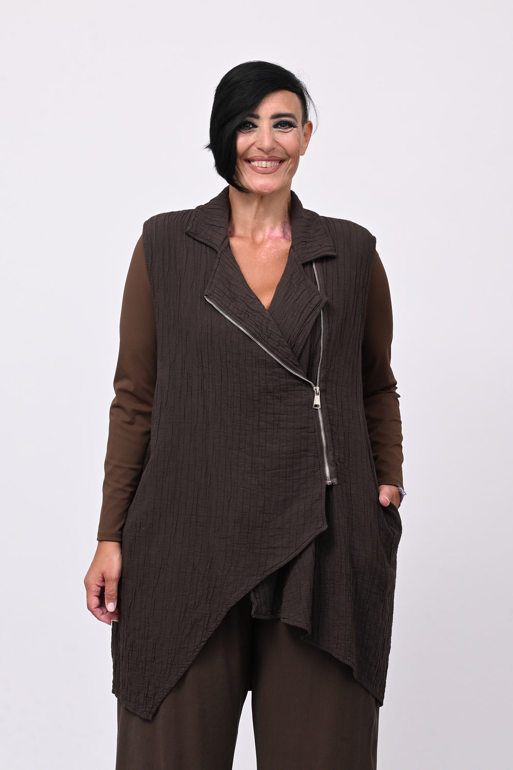Gilet zip stropiccio - Moro