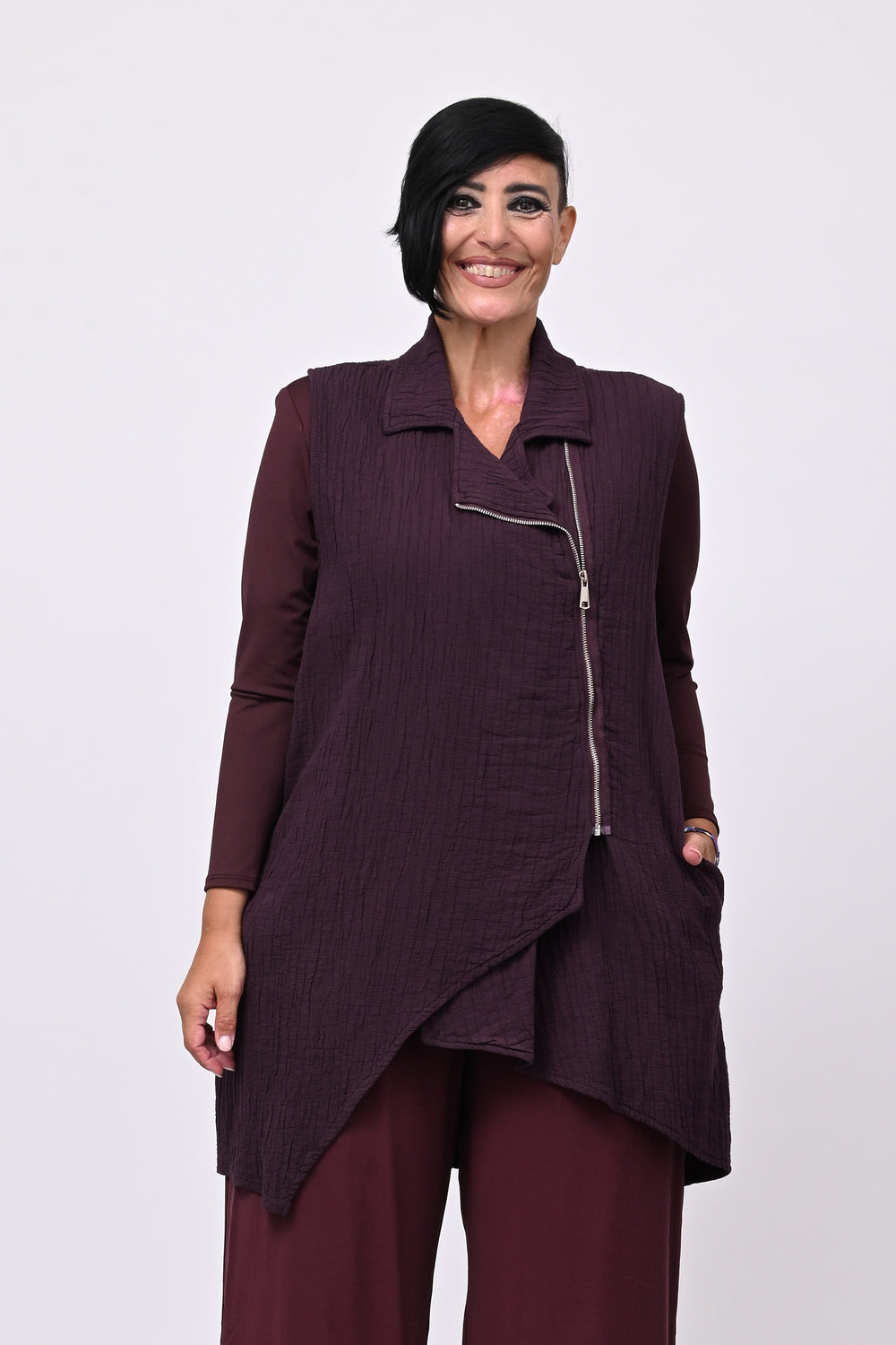 Gilet zip stropiccio - Melanzana