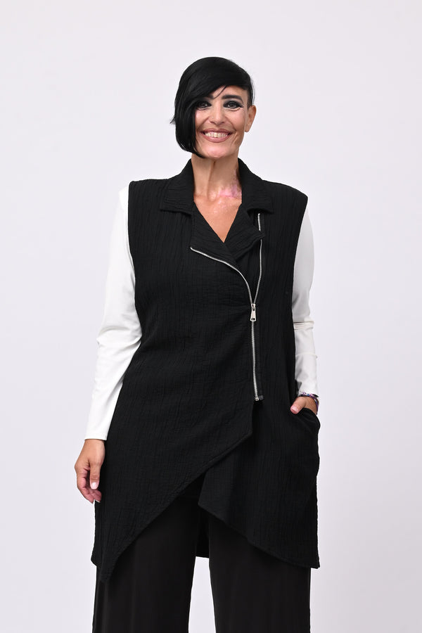 Gilet zip stropiccio - Nero