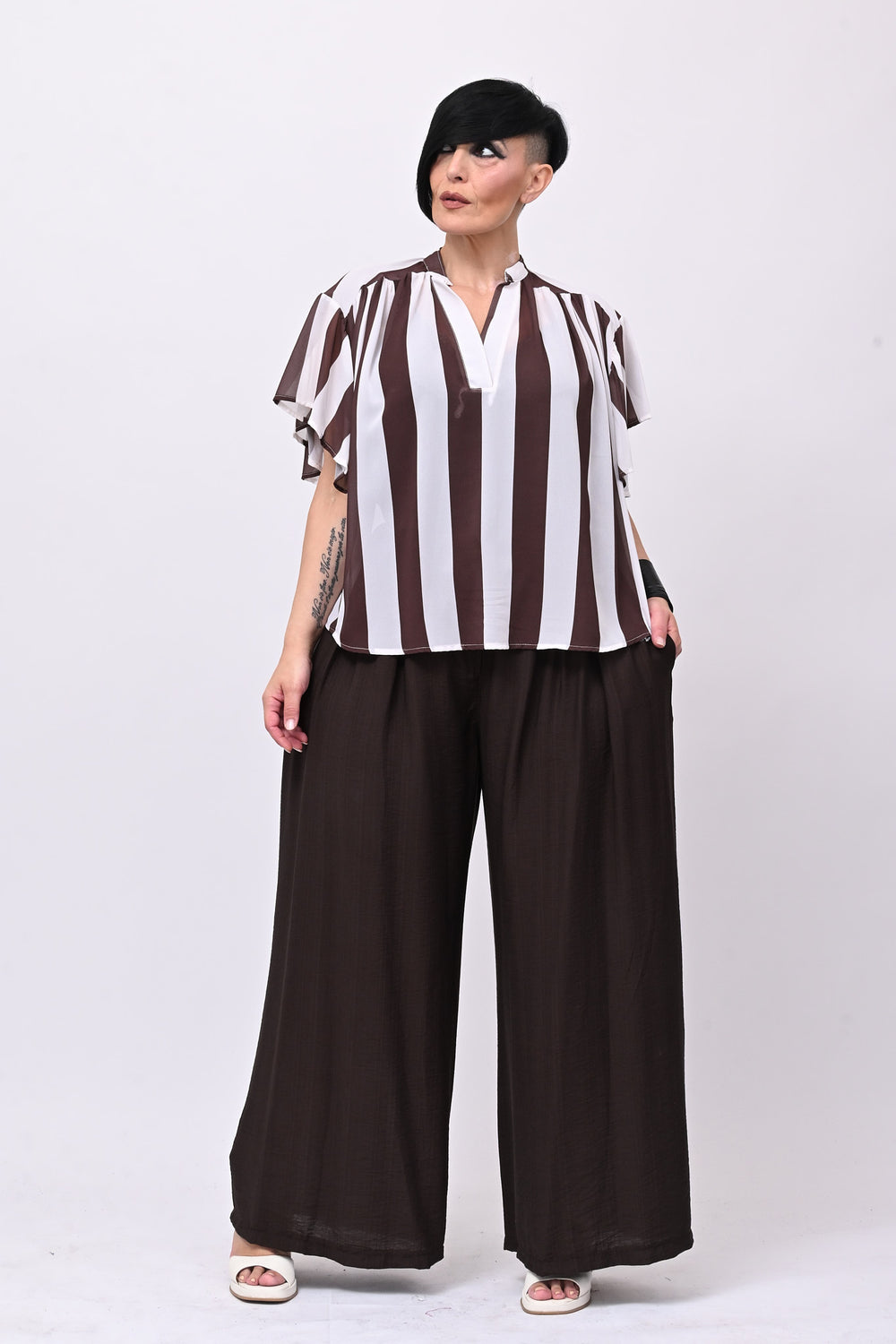 Blusa righe svasata - Moro