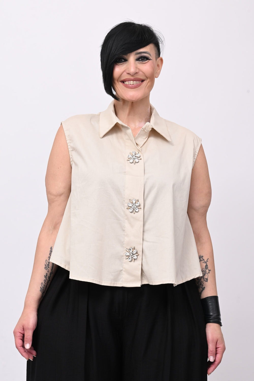 Camicia smanicata strass - Burro