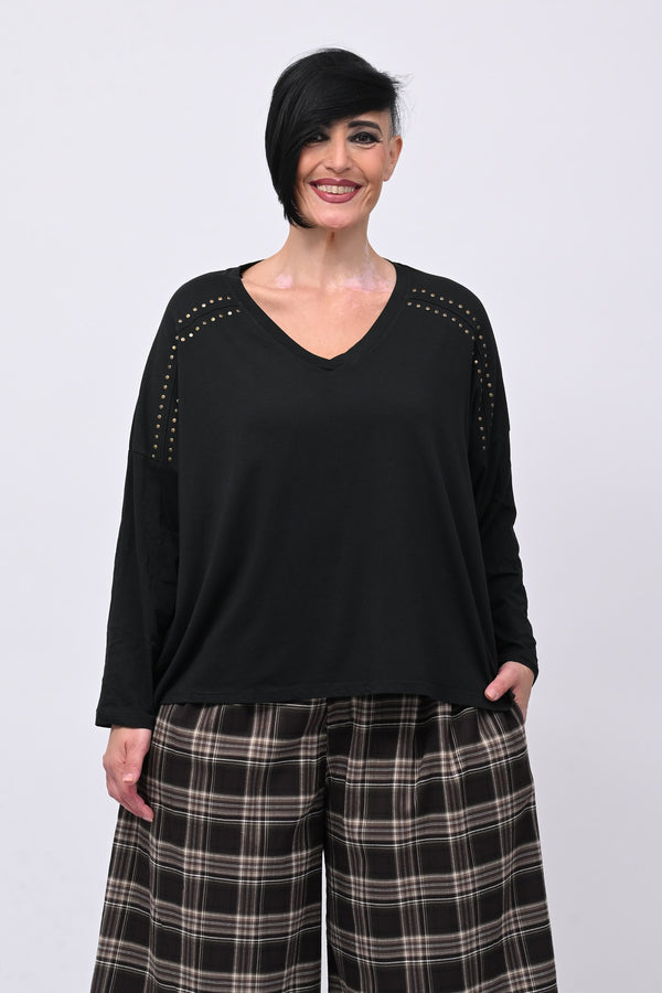 Maglia scollo V borchie - Nero