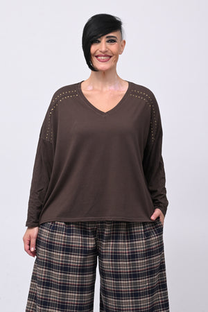 Maglia scollo V borchie - Moro