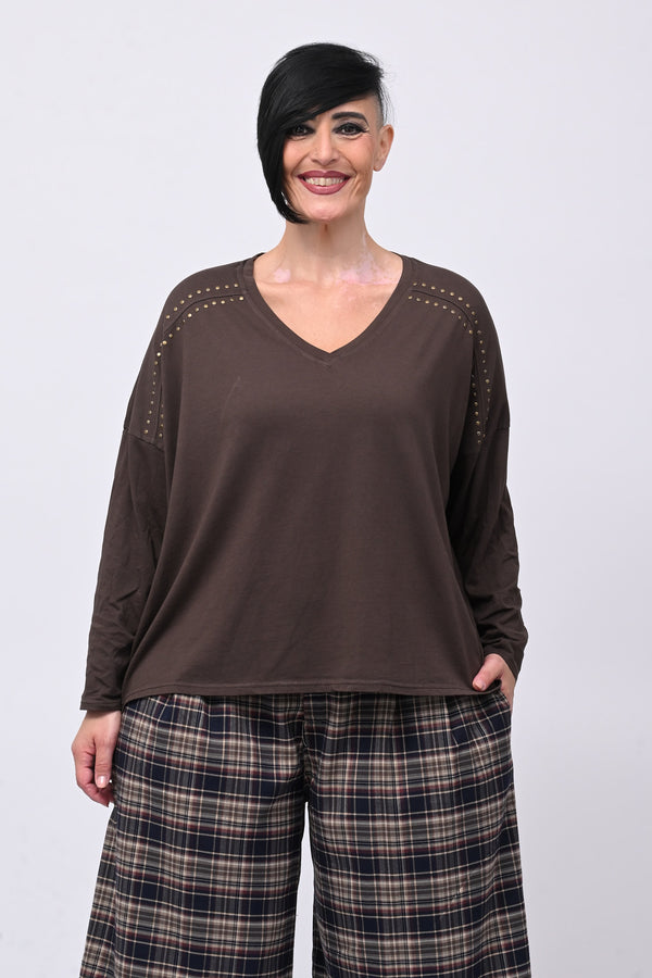 Maglia scollo V borchie - Moro