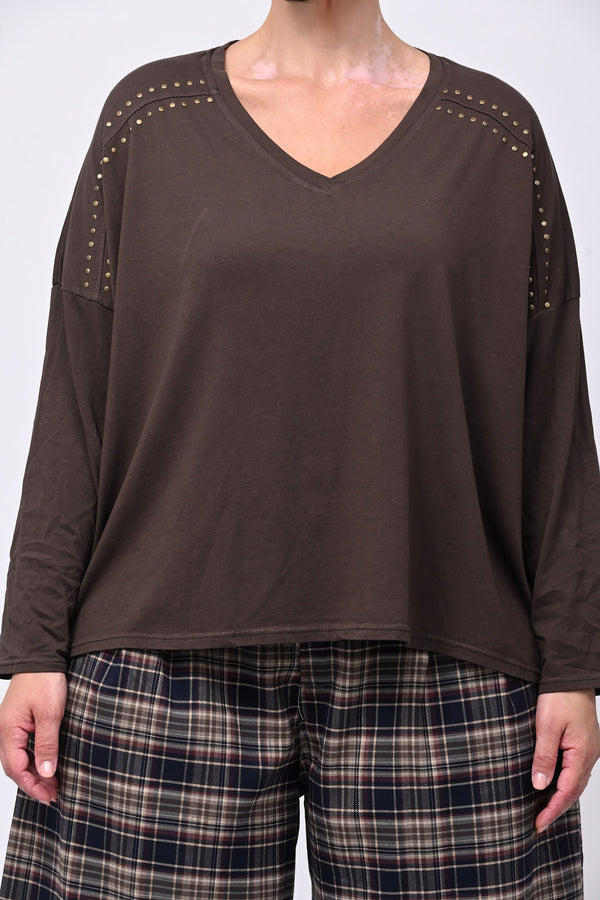 Maglia scollo V borchie - Moro