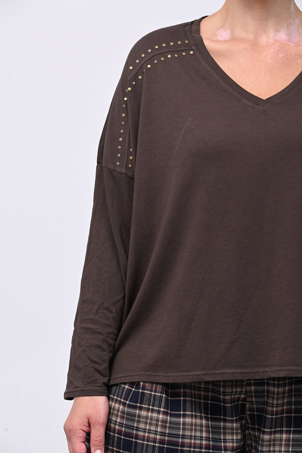 Maglia scollo V borchie - Moro
