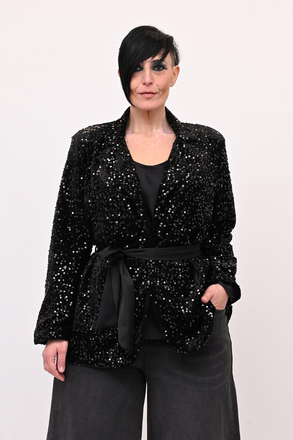 Giacca paillettes cinta - Nero