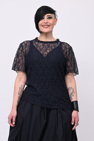 Maglia pizzo colletto - Blu