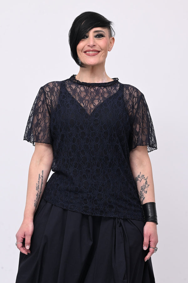 Maglia pizzo colletto - Blu