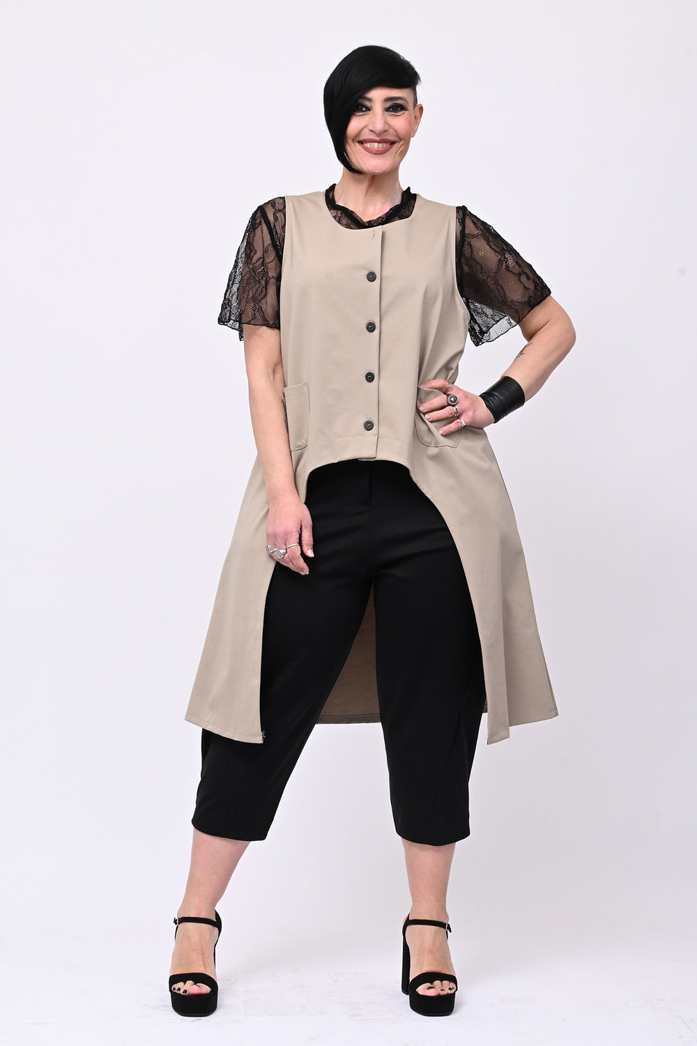 Gilet stondato spacco - Greige