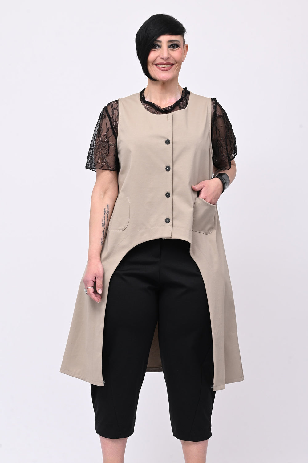 Gilet stondato spacco - Greige