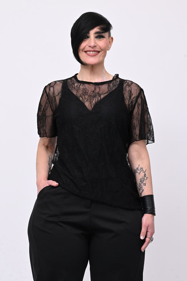 Maglia pizzo colletto - Nero