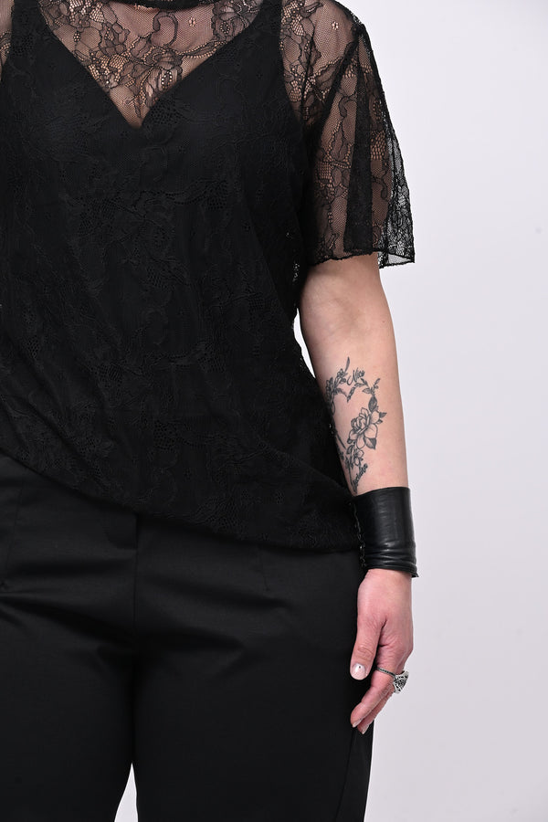 Maglia pizzo colletto - Nero