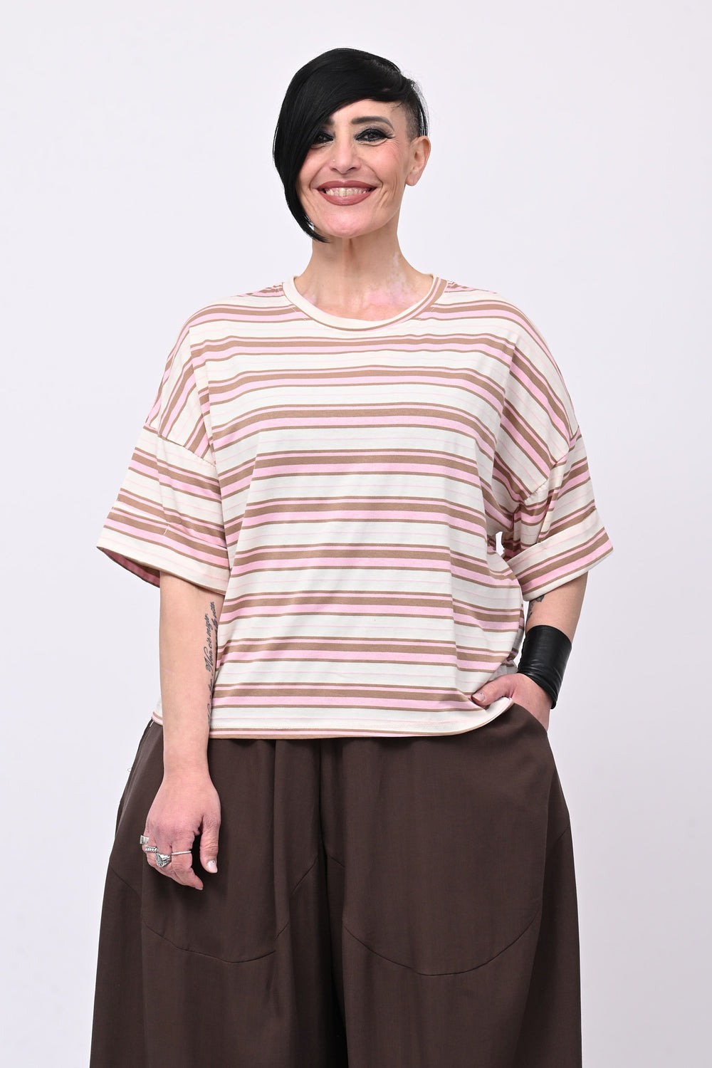 T-shirt scatola righe - Rosa