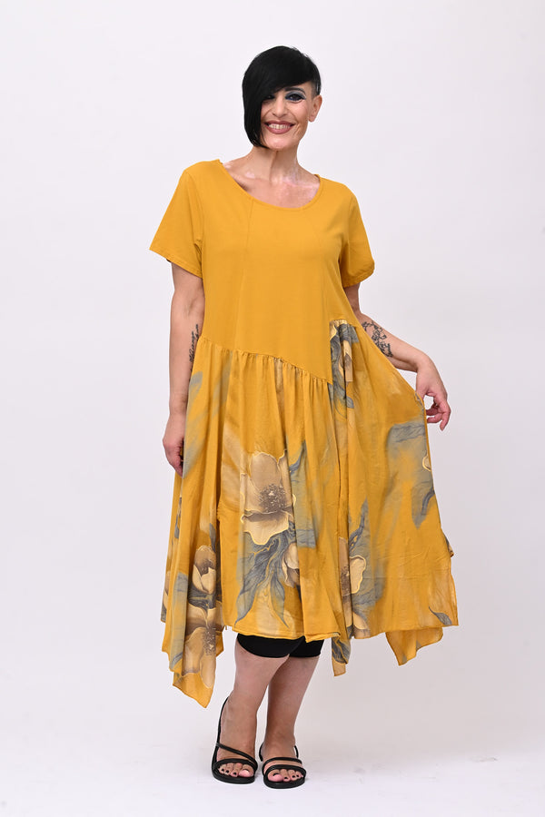 Abito cotone mussola fiori - Ocra