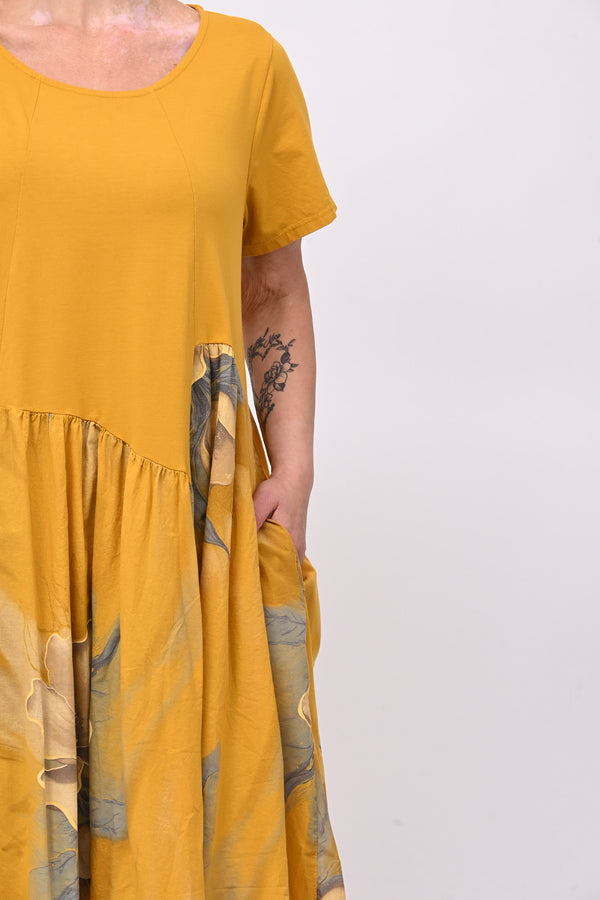 Abito cotone mussola fiori - Ocra