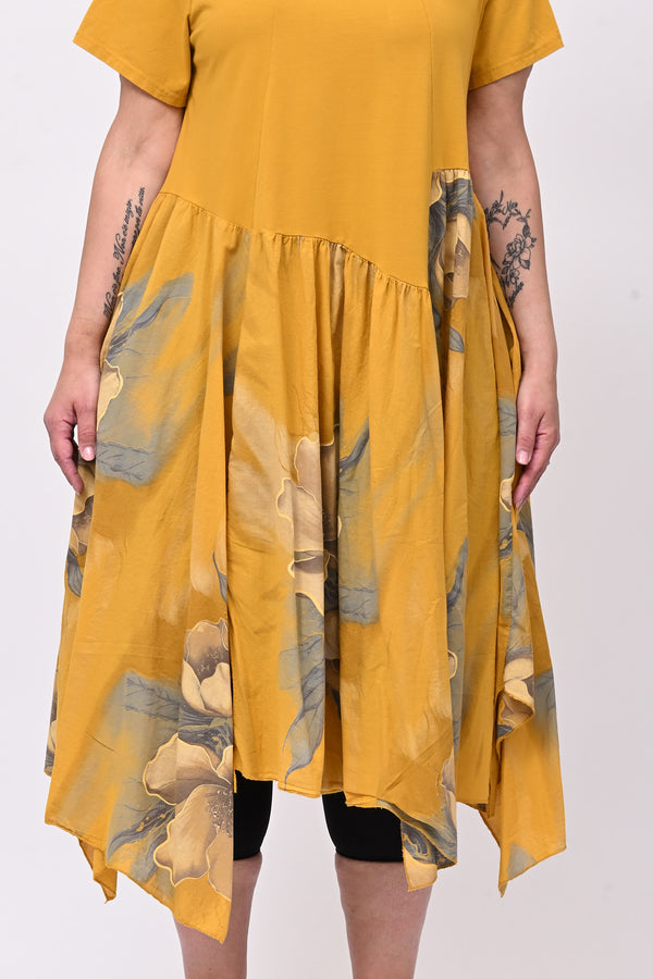 Abito cotone mussola fiori - Ocra