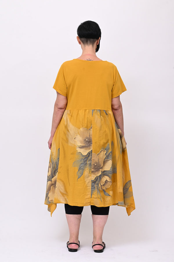 Abito cotone mussola fiori - Ocra