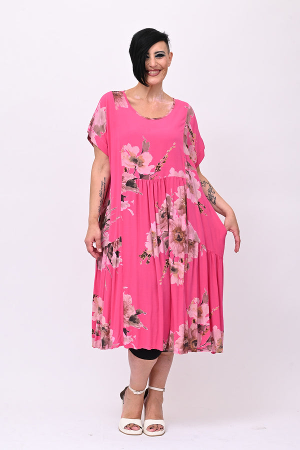 Abito viscosa fiori e tasche - Fuxia