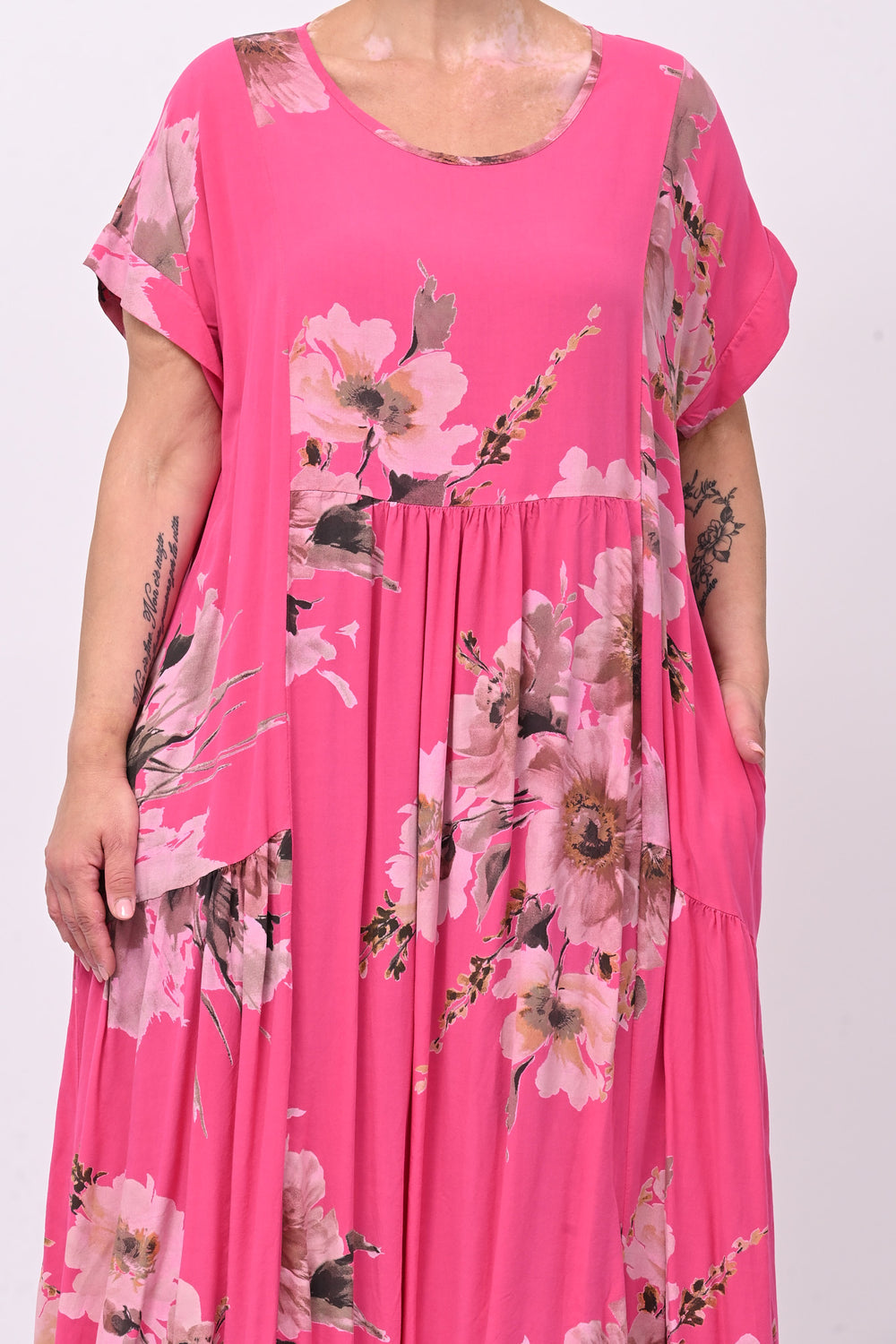 Abito viscosa fiori e tasche - Fuxia