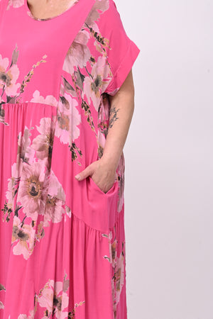 Abito viscosa fiori e tasche - Fuxia