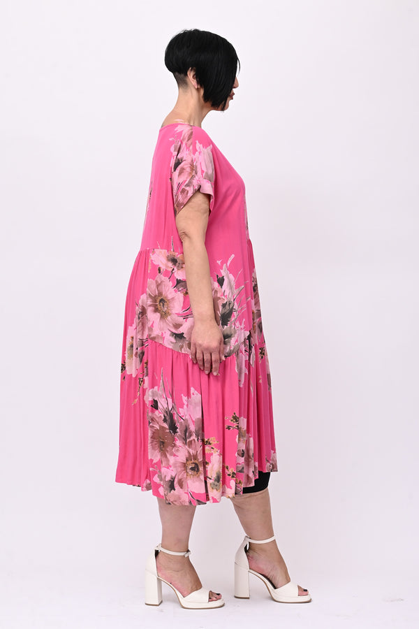 Abito viscosa fiori e tasche - Fuxia