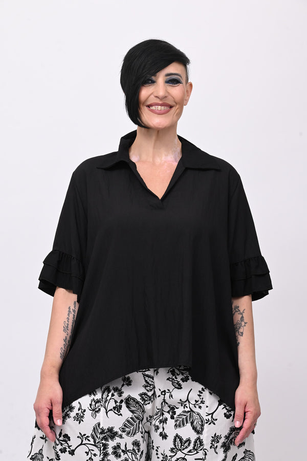 Blusa colletto rouches - Nero