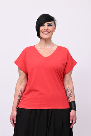 T-shirt V risvoltino - Rosso