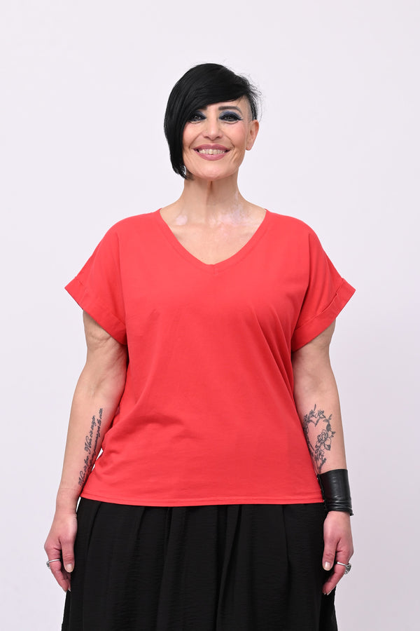T-shirt V risvoltino - Rosso