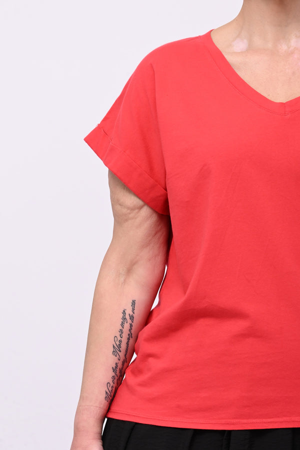 T-shirt V risvoltino - Rosso