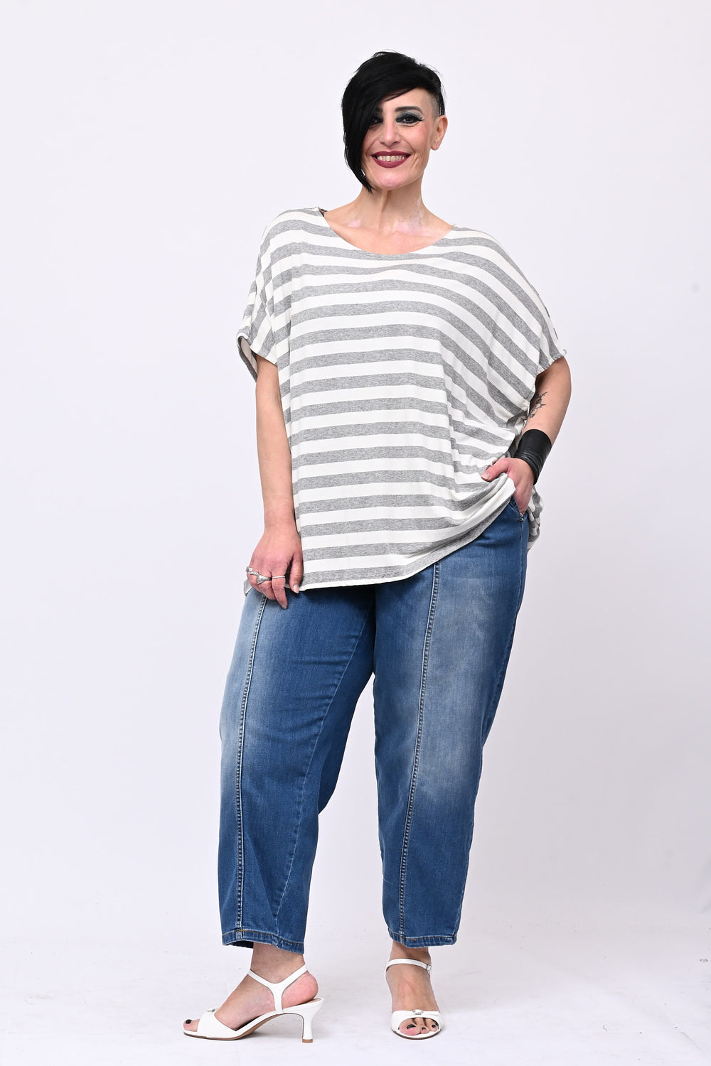 Maglia scatoletta righe - Grigio