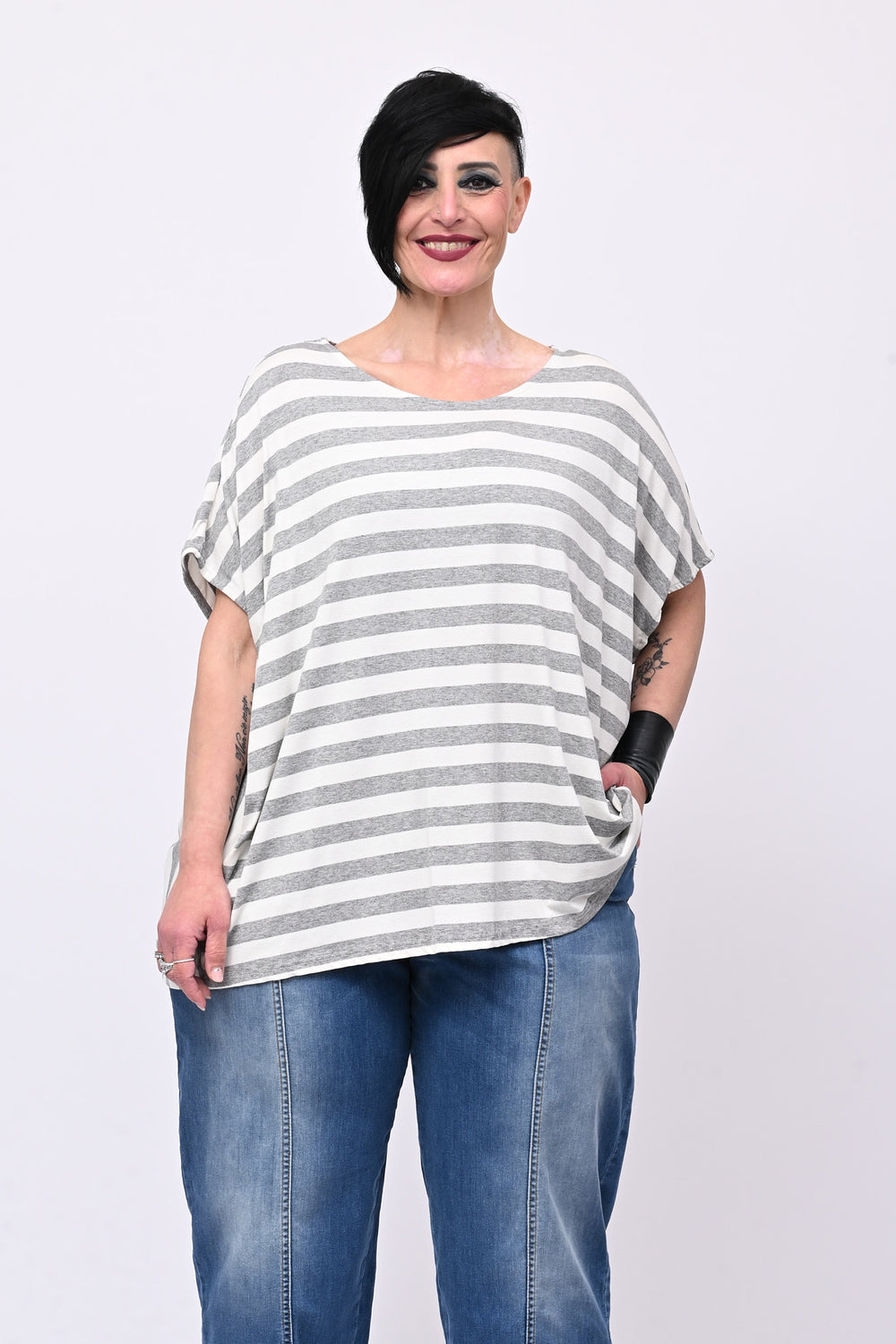 Maglia scatoletta righe - Grigio