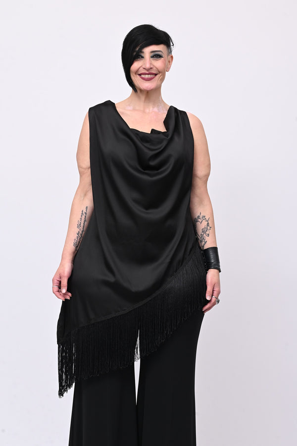 Top raso frange - Nero