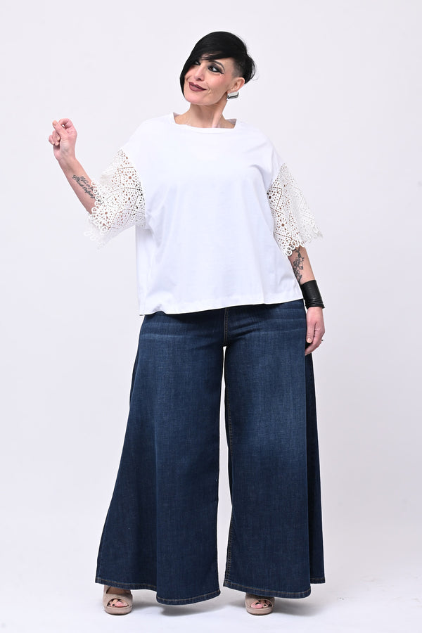 T-shirt manica sangallo - Bianco