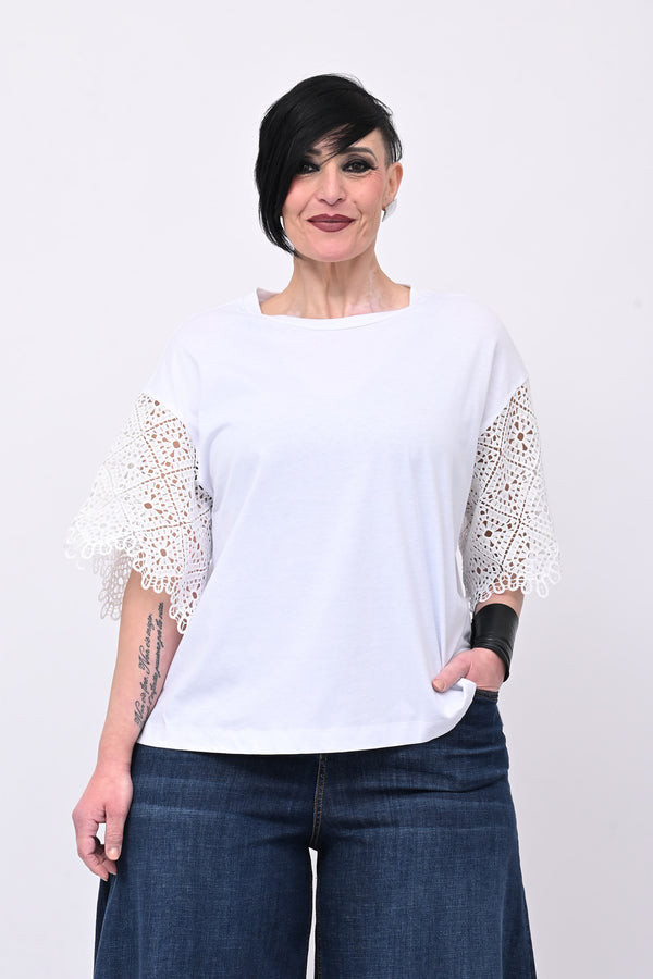 T-shirt manica sangallo - Bianco