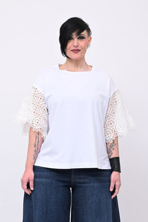 T-shirt manica sangallo - Bianco