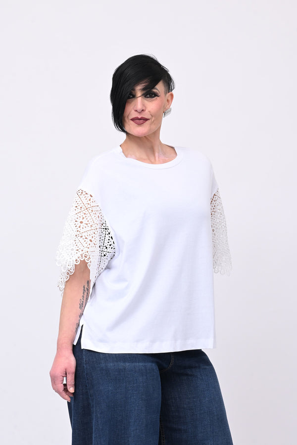 T-shirt manica sangallo - Bianco