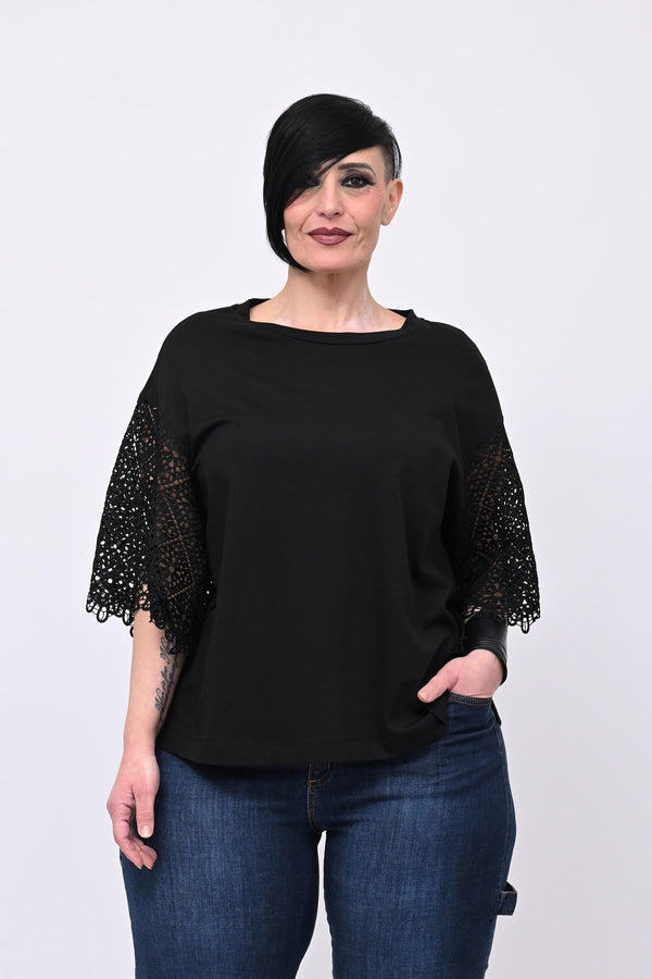 T-shirt manica sangallo - Nero