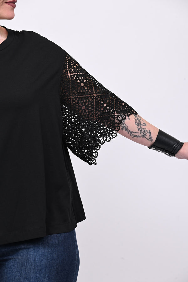 T-shirt manica sangallo - Nero
