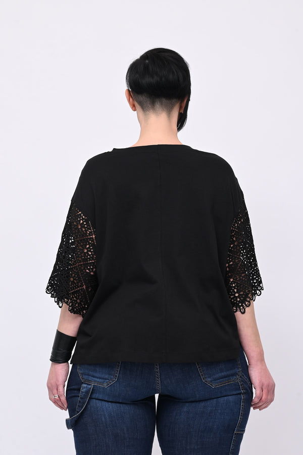 T-shirt manica sangallo - Nero