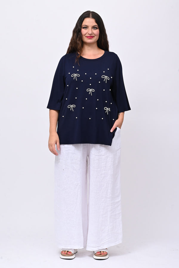 Maglia fiocchi perle - Blu notte