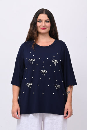 Maglia fiocchi perle - Blu notte